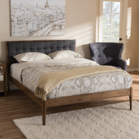 Baxton Studio SW8085-Walnut-M17-King Jupiter Mid-Century Modern Grey Fabric Upholstered Button-Tufted King Size Platform Bed